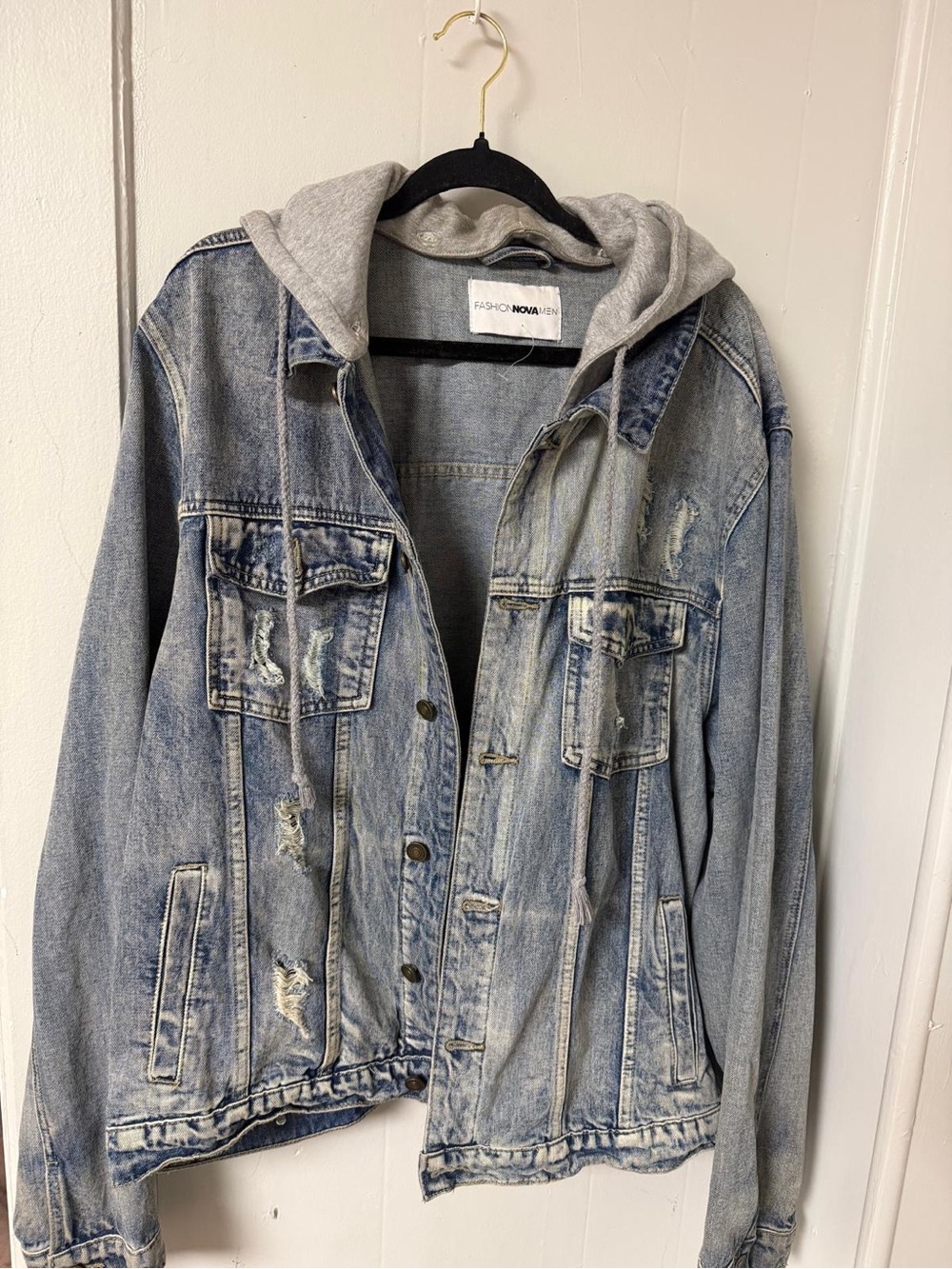 Style & Co. Light Blue Distressed Denim Jacket with Grey Hood